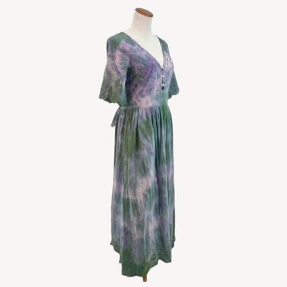 RARE Zara Tie Dye Crochet Eyelet Trim Tie Waist Peasant Croquette Maxi Dress - Picture 7 of 10